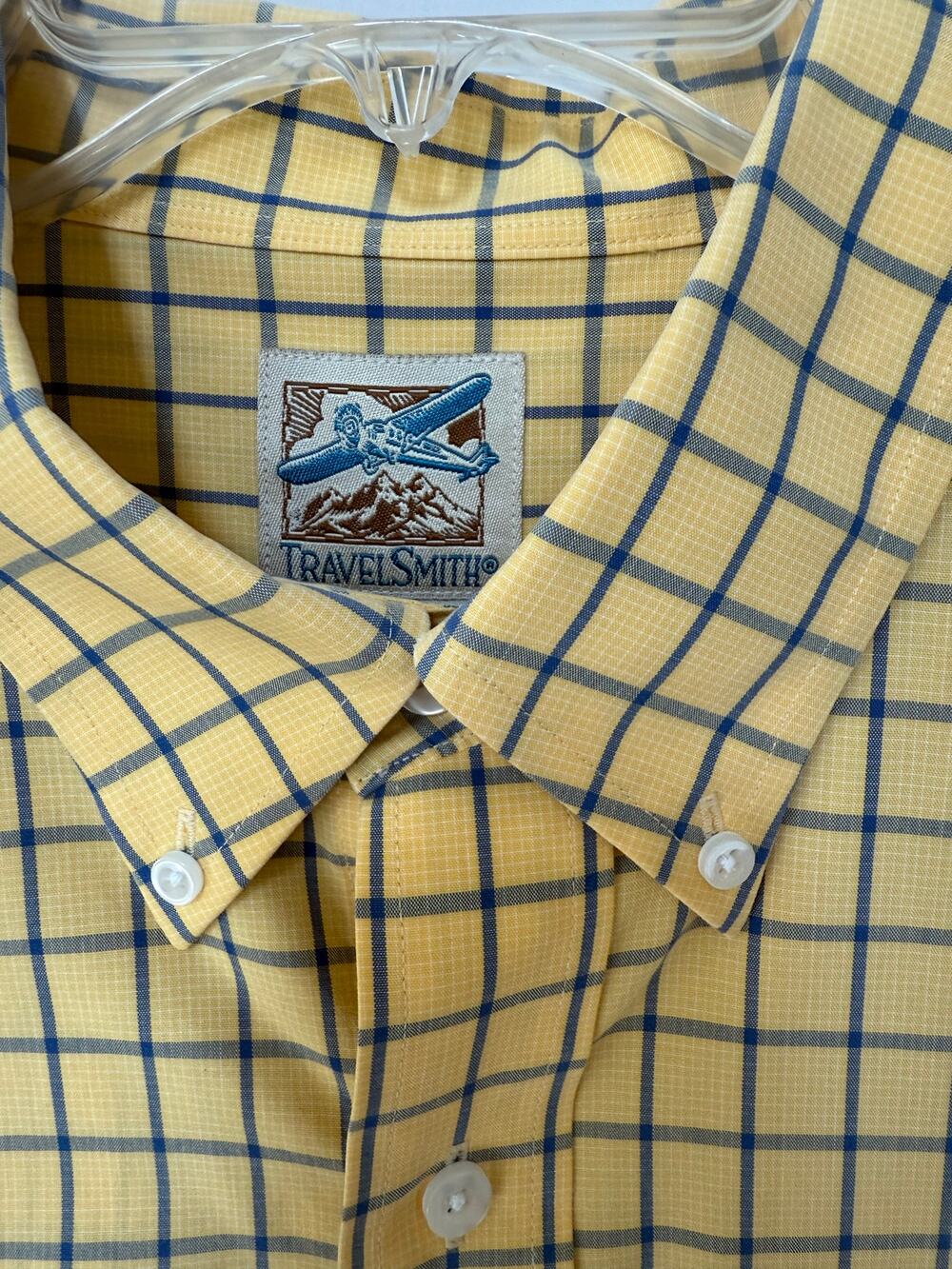 Men's Regular Large Button Up Short Sleeve Yellow Plaid Shirt Travelsmith